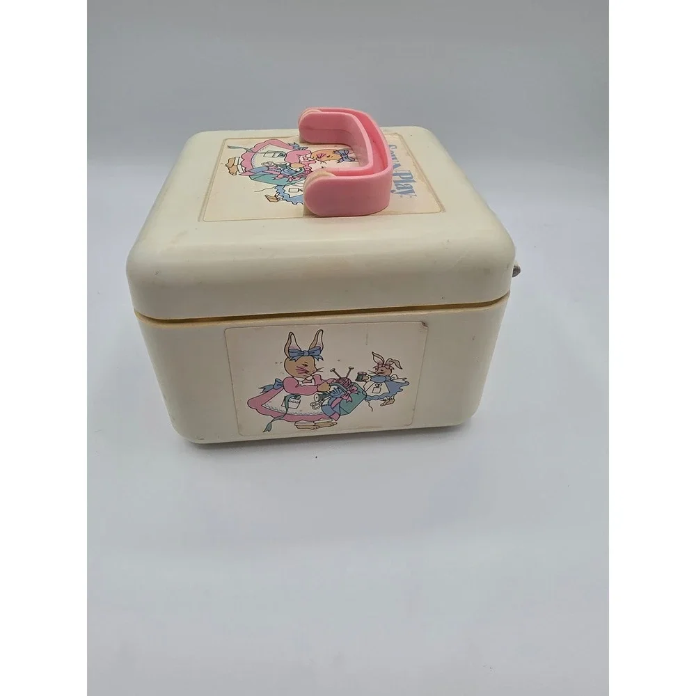 Vintage Sew-N-Play Bunny Rabbit Plastic Carry Case Pink Handle Craft Storage Box
